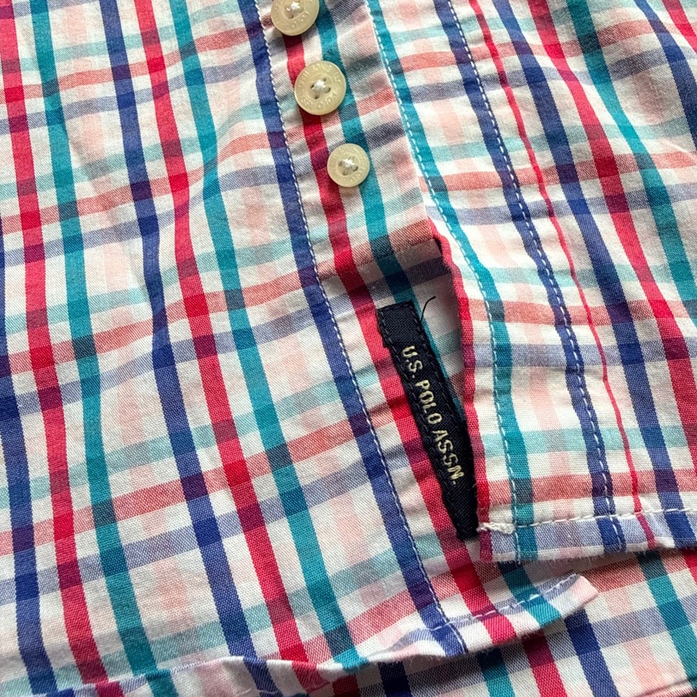 U.S. Polo Assn Button Down Shirt Mens XL Plaid Short Sleeve Stretch preppy horse - Picture 6 of 8